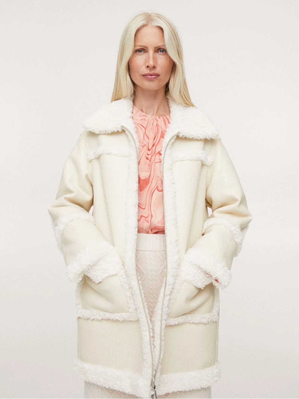 Mango Cream Faux Leather Shearling Coat - Women's Jacket Medium